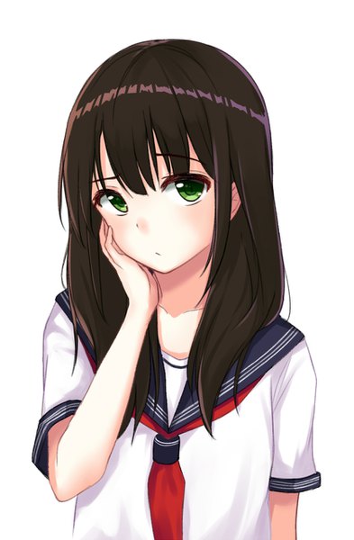 Anime picture 839x1280 with original itachi kanade single long hair tall image fringe black hair simple background white background green eyes upper body hand on cheek girl uniform serafuku