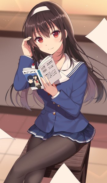 Anime picture 926x1580 with saenai heroine no sodatekata a-1 pictures kasumigaoka utaha izumo neru single long hair tall image blush fringe smile hair between eyes red eyes brown hair sitting holding indoors head tilt wind sparkle crossed legs