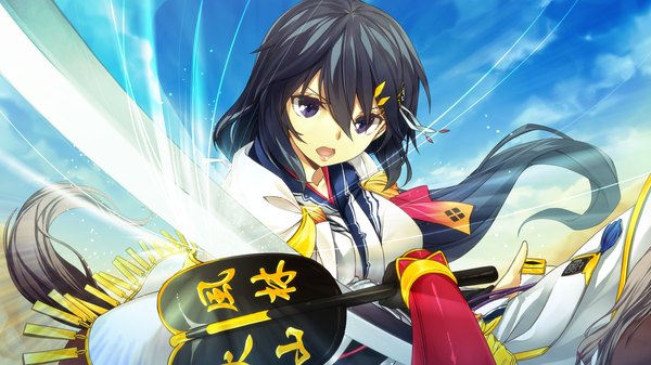 Anime picture 1280x720 with sengoku hime 4 long hair open mouth black hair wide image purple eyes game cg traditional clothes girl weapon sword katana