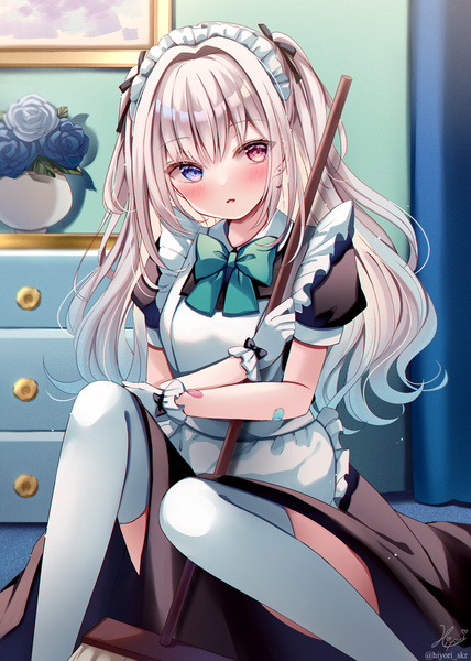 Anime picture 776x1088 with original sakura hiyori single long hair tall image blush fringe hair between eyes sitting looking away silver hair indoors maid two side up puffy sleeves heterochromia bandaid on arm girl thighhighs gloves
