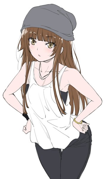Anime picture 591x1000 with amagami kamizaki risa shouji nigou single long hair tall image looking at viewer blush fringe simple background brown hair white background bare shoulders brown eyes parted lips from above hands on hips casual girl bracelet