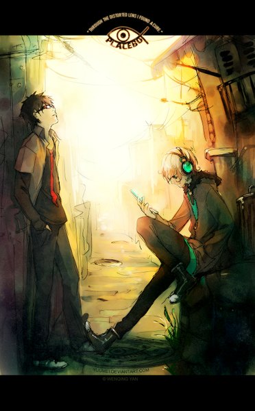 Anime picture 1000x1613 with fisheye placebo frey (fisheye placebo) vance (fisheye placebo) yuumei tall image short hair brown hair standing sitting silver hair open clothes open jacket multiple boys open shirt looking down looking up hands in pockets street boy shirt