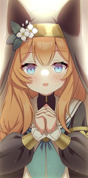 Anime picture 1080x2178 with blue archive mari (blue archive) yuchiberu single long hair tall image looking at viewer blush fringe open mouth blue eyes hair between eyes upper body orange hair hands clasped interlocked fingers girl habit