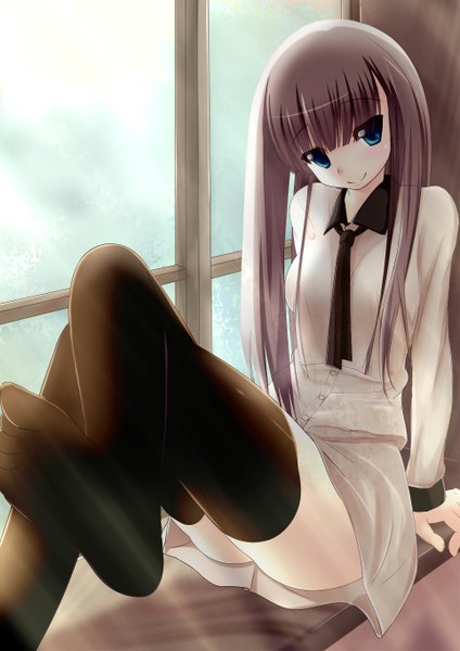 Anime picture 964x1364 with original pastel-pastel single long hair tall image looking at viewer blush blue eyes smile grey hair legs girl thighhighs dress black thighhighs window