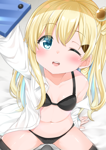 Anime-Bild 1254x1770 mit original cacao (chocolat) single long hair tall image blush fringe open mouth light erotic blonde hair hair between eyes sitting bare shoulders one eye closed multicolored hair aqua eyes from above wink blurry off shoulder