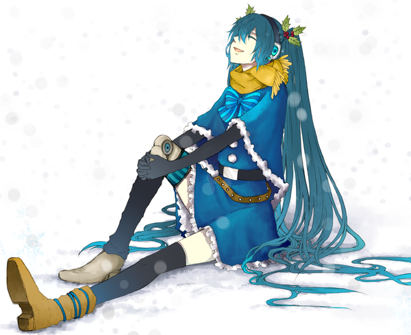 Anime picture 1724x1403 with vocaloid hatsune miku nekono mimiko (fleur-de-lis) single long hair highres open mouth white background sitting twintails eyes closed aqua hair wallpaper snowing winter snow girl thighhighs gloves black thighhighs