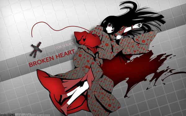 Anime picture 1920x1200 with hell girl studio deen enma ai long hair highres black hair red eyes wide image japanese clothes floral print kimono blood