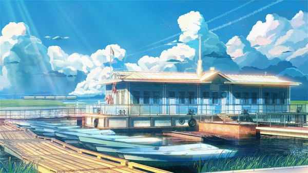 Anime picture 1920x1080 with everlasting summer iichan eroge arsenixc vvcephei highres wide image game cg sky cloud (clouds) wallpaper no people scenic collaboration plant (plants) water building (buildings) grass watercraft train boat