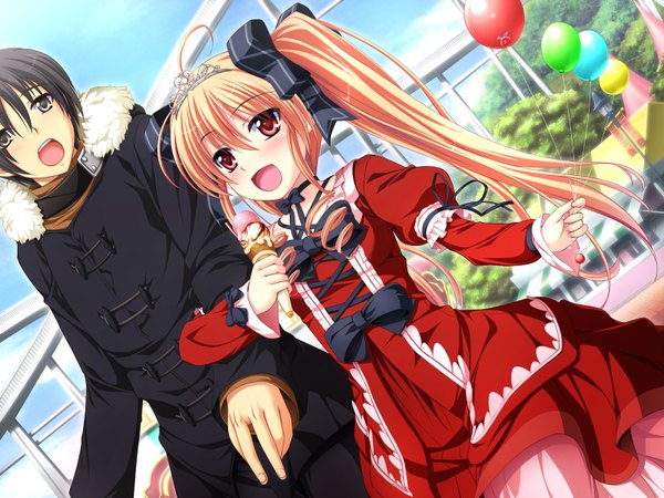 Anime picture 1600x1200 with duelist x engage erica flamberge long hair short hair open mouth black hair red eyes twintails brown eyes game cg orange hair loli couple girl dress boy food sweets ice cream