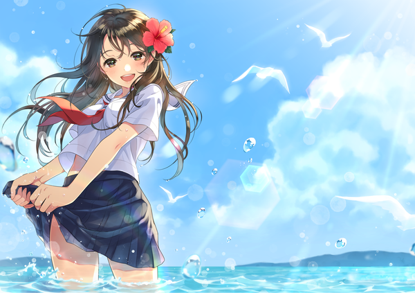 Anime picture 2006x1417 with original morikura en single long hair looking at viewer blush fringe highres open mouth smile hair between eyes brown hair standing brown eyes ahoge :d pleated skirt hair flower sunlight short sleeves