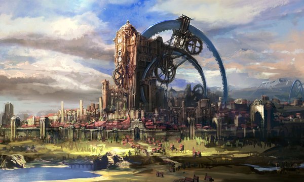 Anime picture 1600x960 with tera online wide image sky cloud (clouds) city cityscape landscape mechanical lake building (buildings) house