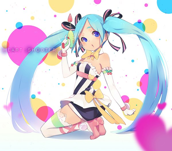 Anime picture 1000x877 with vocaloid hatsune miku ssberit single long hair blush open mouth blue eyes twintails blue hair shadow high heels alternate costume sleeveless kneeling body blush girl thighhighs gloves ribbon (ribbons)