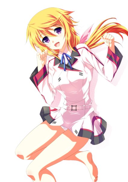 Anime picture 1280x1811 with infinite stratos 8bit charles dunois ka2 (artist) long hair tall image open mouth light erotic simple background blonde hair white background purple eyes barefoot girl uniform school uniform