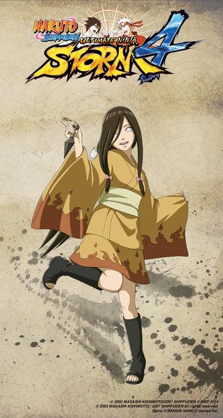 Anime picture 950x1772 with naruto studio pierrot naruto (series) hyuuga hanabi masashi kishimoto single long hair tall image looking at viewer fringe open mouth simple background brown hair standing holding payot full body bent knee (knees) traditional clothes japanese clothes