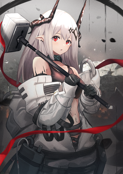 Anime picture 1654x2339 with arknights mudrock (arknights) nokke o single long hair tall image looking at viewer fringe open mouth red eyes standing bare shoulders holding white hair long sleeves horn (horns) pointy ears off shoulder piercing ear piercing