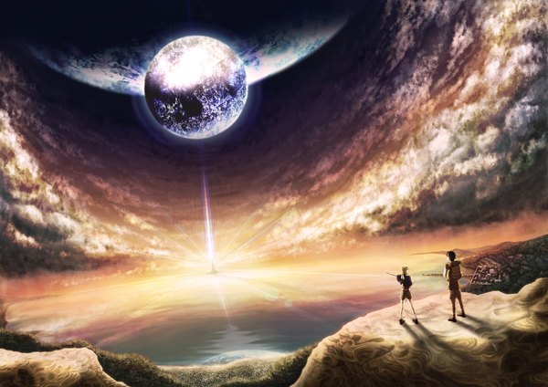 Anime picture 2000x1414 with original minusion highres sky cloud (clouds) couple evening sunset landscape scenic girl boy water moon planet earth