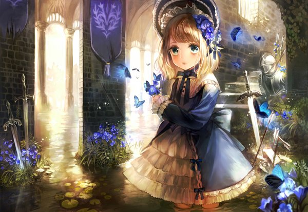 Anime picture 1030x709 with original higurehiiro single looking at viewer blush short hair blonde hair standing hair flower aqua eyes sunlight reflection goth-loli girl hair ornament flower (flowers) bow weapon plant (plants) sword