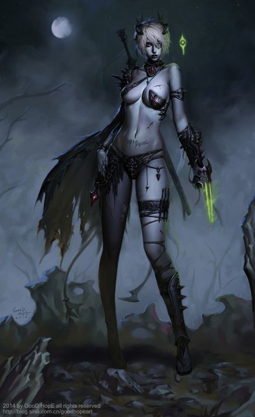 Anime picture 880x1432 with good hope single tall image looking at viewer short hair breasts light erotic red eyes lips grey hair night bare belly girl navel weapon sword pendant moon blood eyepatch