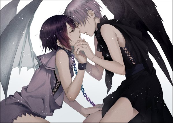 Anime picture 1680x1200 with original tayuya1130 fringe short hair open mouth simple background white background purple hair eyes closed profile couple angel wings bat wings angel demon almost kiss girl boy chain collar