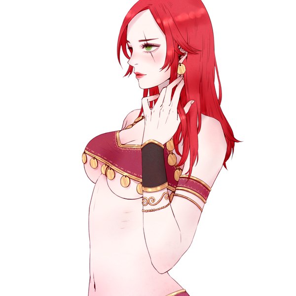 Anime picture 1748x1748 with league of legends katarina (league of legends) heather37 single long hair blush highres light erotic simple background white background bare shoulders green eyes looking away upper body red hair profile lipstick underboob scar red lipstick