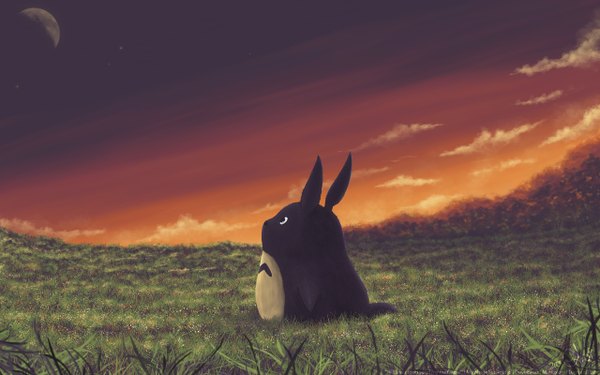 Anime picture 2560x1600 with tonari no totoro studio ghibli totoro angi (artist) single highres cloud (clouds) wallpaper evening sunset looking up horizon no people nature plant (plants) tree (trees) moon star (stars) grass forest