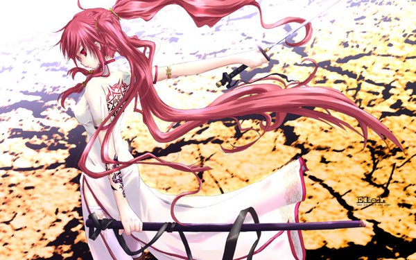 Anime picture 1680x1050 with original long hair red eyes wide image twintails red hair chinese clothes girl thighhighs sword chinese dress