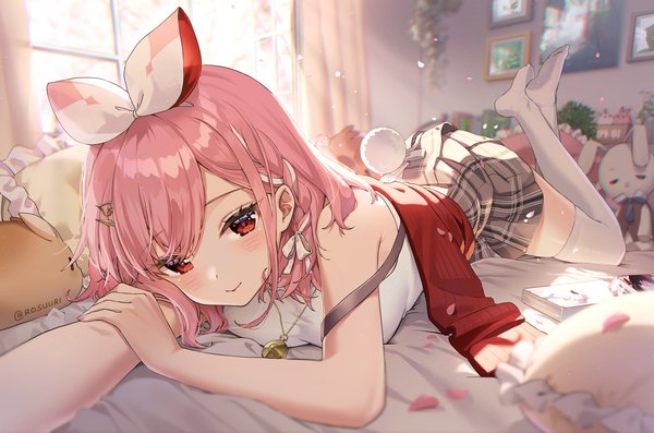 Anime picture 1661x1100 with virtual youtuber atelier live pinku (vtuber) rosuuri single looking at viewer blush fringe short hair red eyes signed pink hair full body indoors lying braid (braids) sunlight no shoes twitter username crossed legs