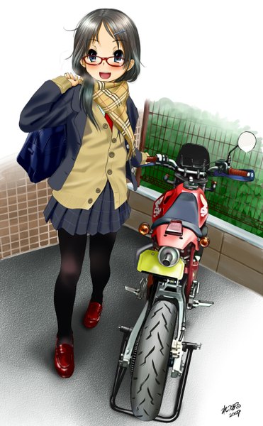 Anime picture 800x1292 with original retsumaru single long hair tall image looking at viewer blush open mouth blue eyes black hair girl skirt uniform school uniform glasses scarf school bag ground vehicle motorcycle moped