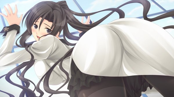 Anime picture 1024x576 with tsugou no ii kazoku kugutsu haruka fusataka shikibu single long hair blush open mouth light erotic black hair wide image game cg ponytail looking back black eyes girl