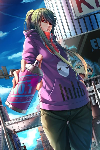 Anime picture 900x1354 with kagerou project shaft (studio) ene (kagerou project) kido tsubomi nian (zhanian) single long hair tall image looking at viewer red eyes sky cloud (clouds) ponytail green hair city hand in pocket girl jacket building (buildings) jeans
