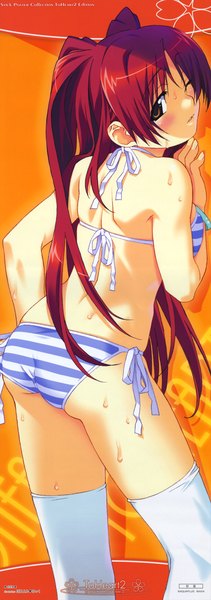 Anime picture 1055x3000 with to heart 2 to heart leaf (studio) kousaka tamaki watanabe akio single long hair tall image looking at viewer breasts light erotic twintails brown eyes signed ass red hair one eye closed looking back from behind copyright name