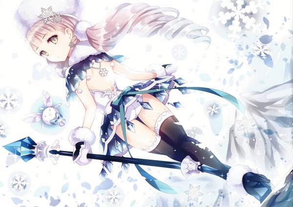 Anime picture 2633x1865 with original mahou shoujo grimoire (artbook) wasabi (sekai) single long hair highres light erotic blonde hair white background yellow eyes looking back scan snow girl thighhighs dress hair ornament underwear panties black thighhighs
