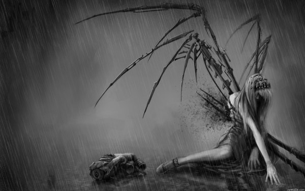 Anime picture 1920x1200 with tagme (artist) single highres wide image monochrome rain murder girl wings blood