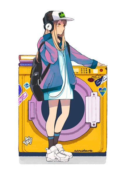 Anime picture 744x1052 with original nanakawa (nanasoon) single long hair tall image blonde hair simple background white background brown eyes signed looking away profile open jacket casual hand on headphones fashion girl dress socks shoes