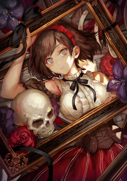 Anime picture 1213x1723 with original okuma mai single tall image looking at viewer fringe short hair breasts brown hair lying from above on back dutch angle silver eyes empty picture frame girl skirt flower (flowers) bow ribbon (ribbons)