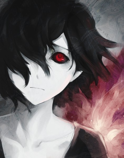 Anime picture 1100x1400 with tokyo ghoul studio pierrot kirishima touka bzerox single tall image looking at viewer fringe short hair black hair red eyes hair over one eye close-up pale skin black sclera girl kagune