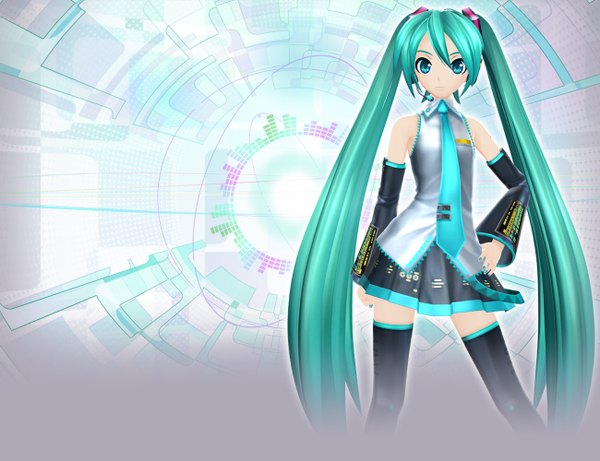 Anime picture 1300x1000 with project diva f vocaloid hatsune miku single long hair blush twintails bare shoulders very long hair pleated skirt aqua eyes light smile aqua hair zettai ryouiki hand on hip girl thighhighs skirt black thighhighs detached sleeves