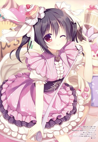 Anime picture 2724x3915 with love live! school idol project sunrise (studio) love live! yazawa nico takano yuki (allegro mistic) single tall image blush highres black hair red eyes twintails one eye closed wink scan girl dress frills cookie (cookies)