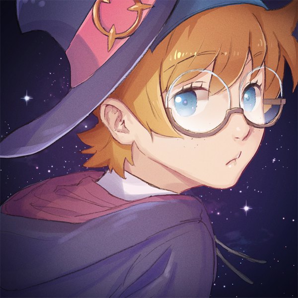 Anime picture 1200x1200 with little witch academia studio trigger lotte jansson koban7513 single looking at viewer fringe short hair blue eyes orange hair portrait freckles girl hat glasses hood witch hat