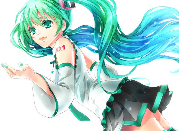 Anime picture 1200x880 with vocaloid hatsune miku yamano uzura single long hair open mouth simple background white background twintails green eyes green hair girl skirt detached sleeves miniskirt