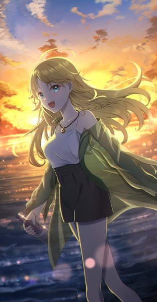 Anime picture 2997x5752 with idolmaster idolmaster shiny colors hachimiya meguru akazaki yukino single long hair tall image looking at viewer blush fringe highres breasts open mouth blue eyes blonde hair smile bare shoulders holding sky cloud (clouds)