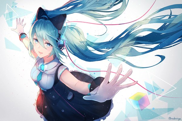 Anime picture 1100x730 with vocaloid magical mirai (vocaloid) hatsune miku magical mirai miku magical mirai miku (2016) kachi single long hair looking at viewer blush open mouth simple background smile twintails signed payot from above wind aqua hair grey background