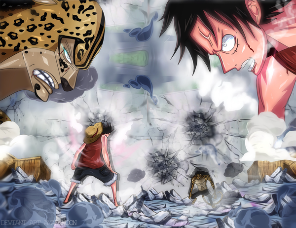 Anime picture 3296x2541 with one piece toei animation monkey d. luffy rob lucci amanomoon highres short hair open mouth black hair signed absurdres profile from behind multiple boys teeth coloring face to face steam angry blood on face