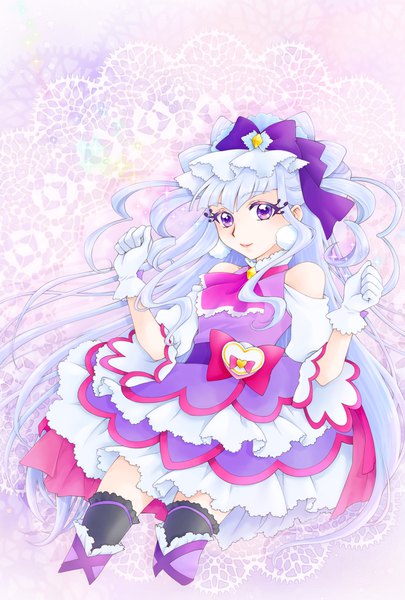 Anime picture 1378x2039 with precure hugtto! precure toei animation ruru amour cure amour aizen (syoshiyuki) single long hair tall image looking at viewer fringe simple background smile standing purple eyes bare shoulders silver hair girl thighhighs dress