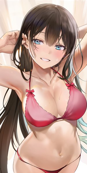 Anime picture 2063x4096 with original seicoh single long hair tall image looking at viewer blush fringe highres breasts blue eyes light erotic black hair smile hair between eyes large breasts standing cleavage head tilt fingernails