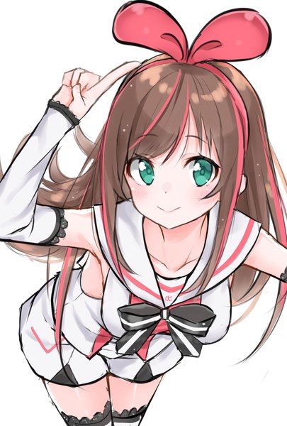 Anime picture 1378x2039 with virtual youtuber a.i. channel kizuna ai hashiko no woto single long hair tall image looking at viewer blush fringe simple background smile brown hair white background green eyes multicolored hair two-tone hair leaning zettai ryouiki leaning forward
