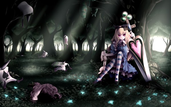Anime picture 2560x1600 with alice in wonderland alice (wonderland) long hair highres blonde hair wide image pink eyes murder girl thighhighs dress weapon plant (plants) sword tree (trees) striped thighhighs forest bunny card (cards)