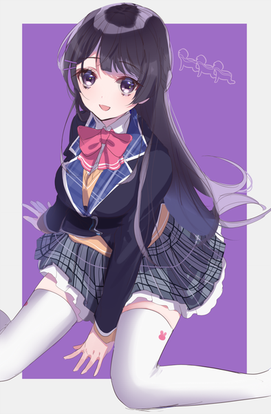 Anime picture 657x1000 with virtual youtuber nijisanji tsukino mito sinsihukunokonaka single long hair tall image looking at viewer fringe black hair sitting from above black eyes arm support border wariza plaid skirt purple background girl thighhighs