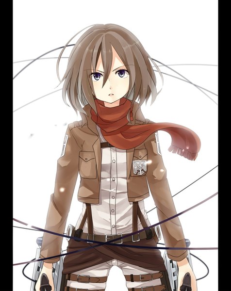 Anime picture 1500x1889 with shingeki no kyojin production i.g mikasa ackerman shun-syun single tall image short hair blue eyes simple background brown hair white background holding open clothes open jacket dual wielding pillarboxed girl weapon sword belt