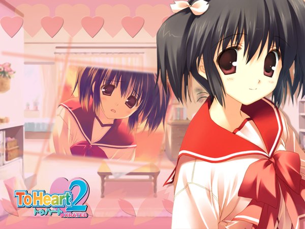 Anime picture 1600x1200 with to heart 2 leaf (studio) yuzuhara konomi single looking at viewer fringe short hair black hair hair between eyes red eyes upper body wallpaper copyright name third-party edit girl heart